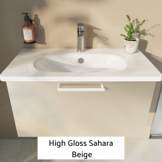 High Gloss Sahara Beige storage with a white VitrA Zentrum washbasin above