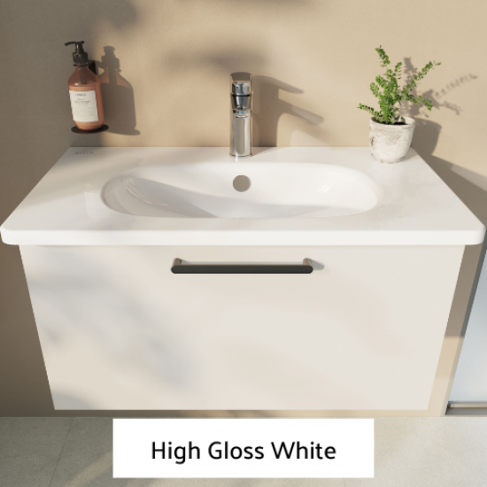 High Gloss White storage with a white VitrA Zentrum washbasin above
