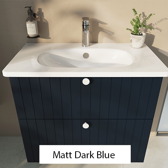 Matt Dark Blue storage with a white VitrA Zentrum washbasin above