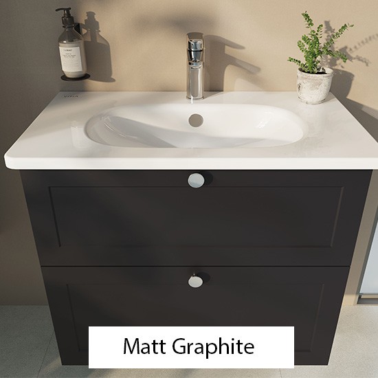 Matt Graphite storage with a white VitrA Zentrum washbasin above
