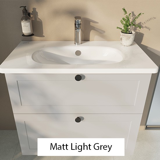 Matt Light Grey storage with a white VitrA Zentrum washbasin above