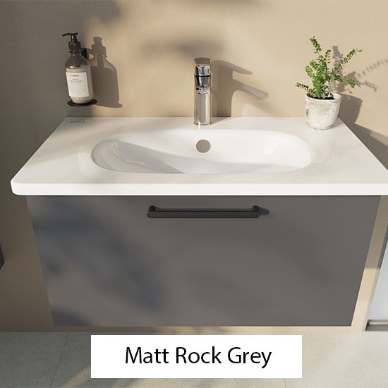 Matt Rock Grey storage with a white VitrA Zentrum washbasin above