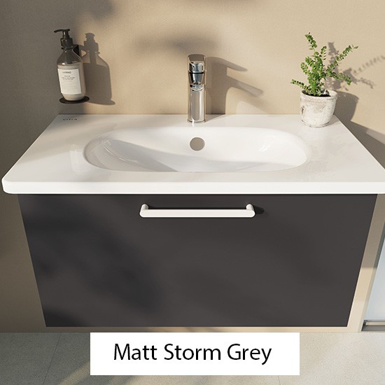 Matt Storm Grey storage with a white VitrA Zentrum washbasin above