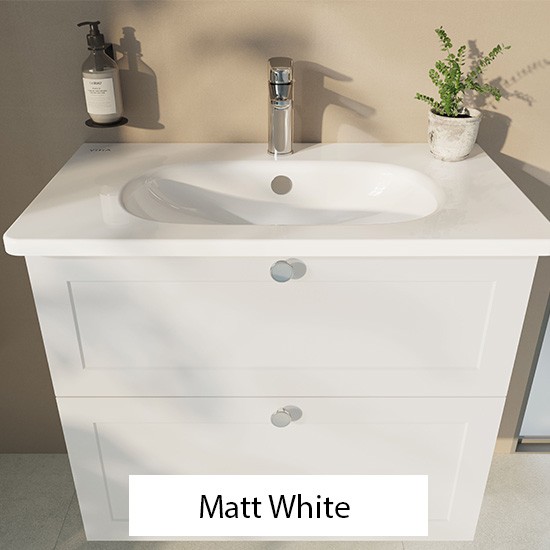 Matt white storage with a white VitrA Zentrum washbasin above