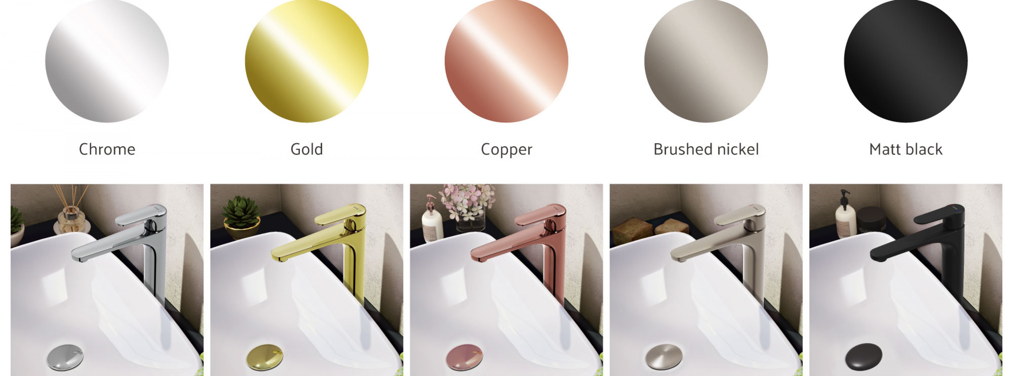 VitrA's range of brassware colour finishes in Chrome Gold Copper Brushed Nickel and Matt Black
