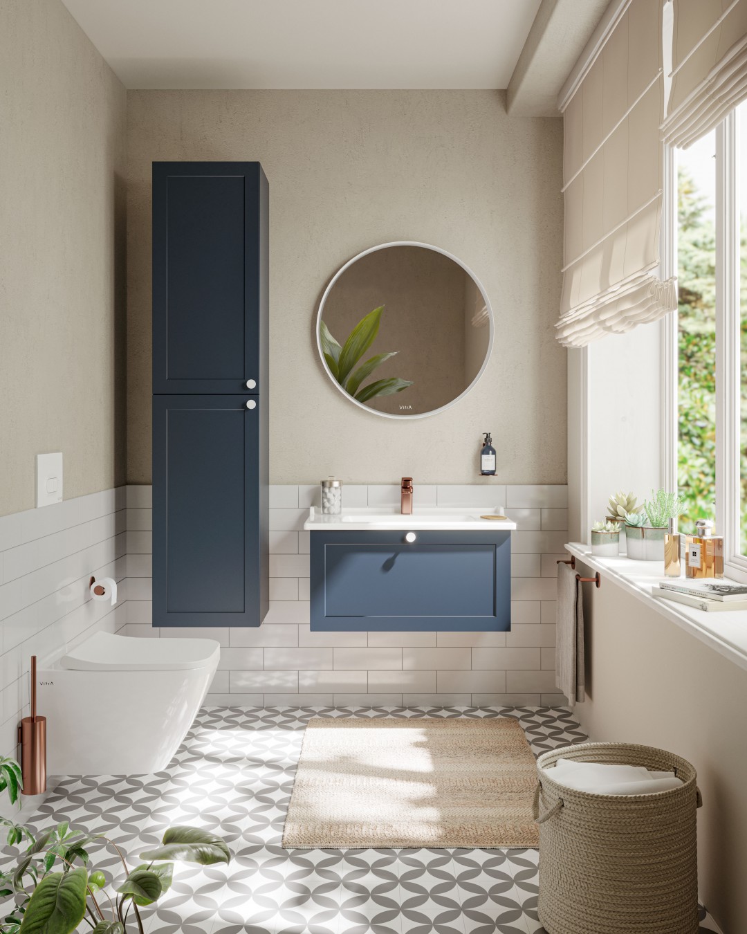 A bathroom designed using VitrA's Root Classic with dark blue storage units and mix of white and copper accessories 