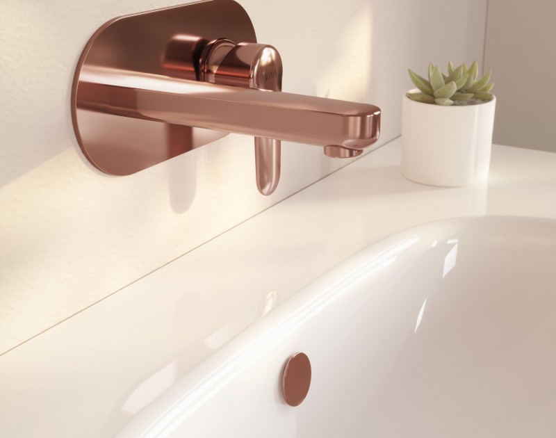 Copper coloured Root Round tap on top of a white Zentrum washbasin