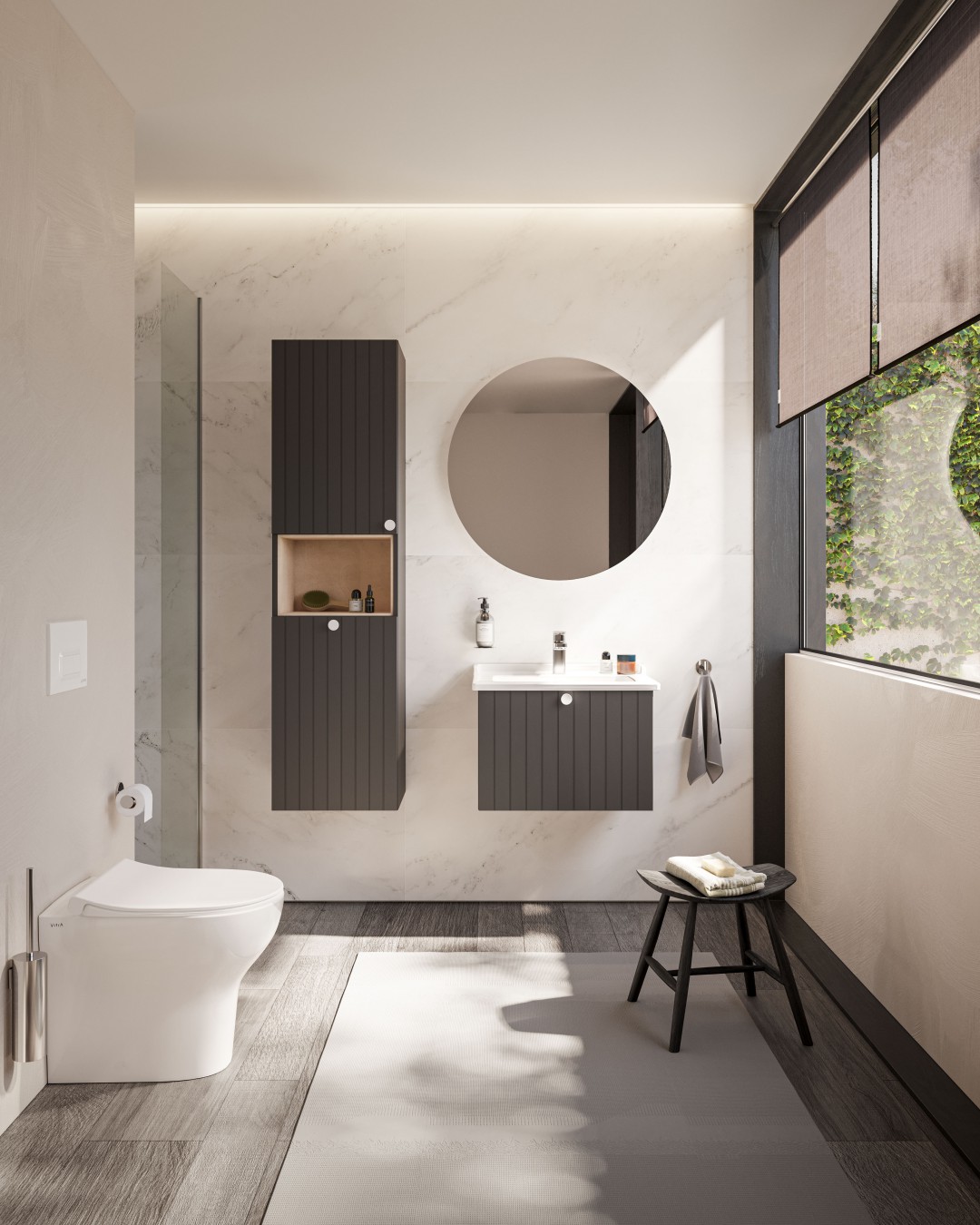 Stone inspired contemporary bathroom designed with VitrA’s Root Grove range using matt colours and detailed storage doors
