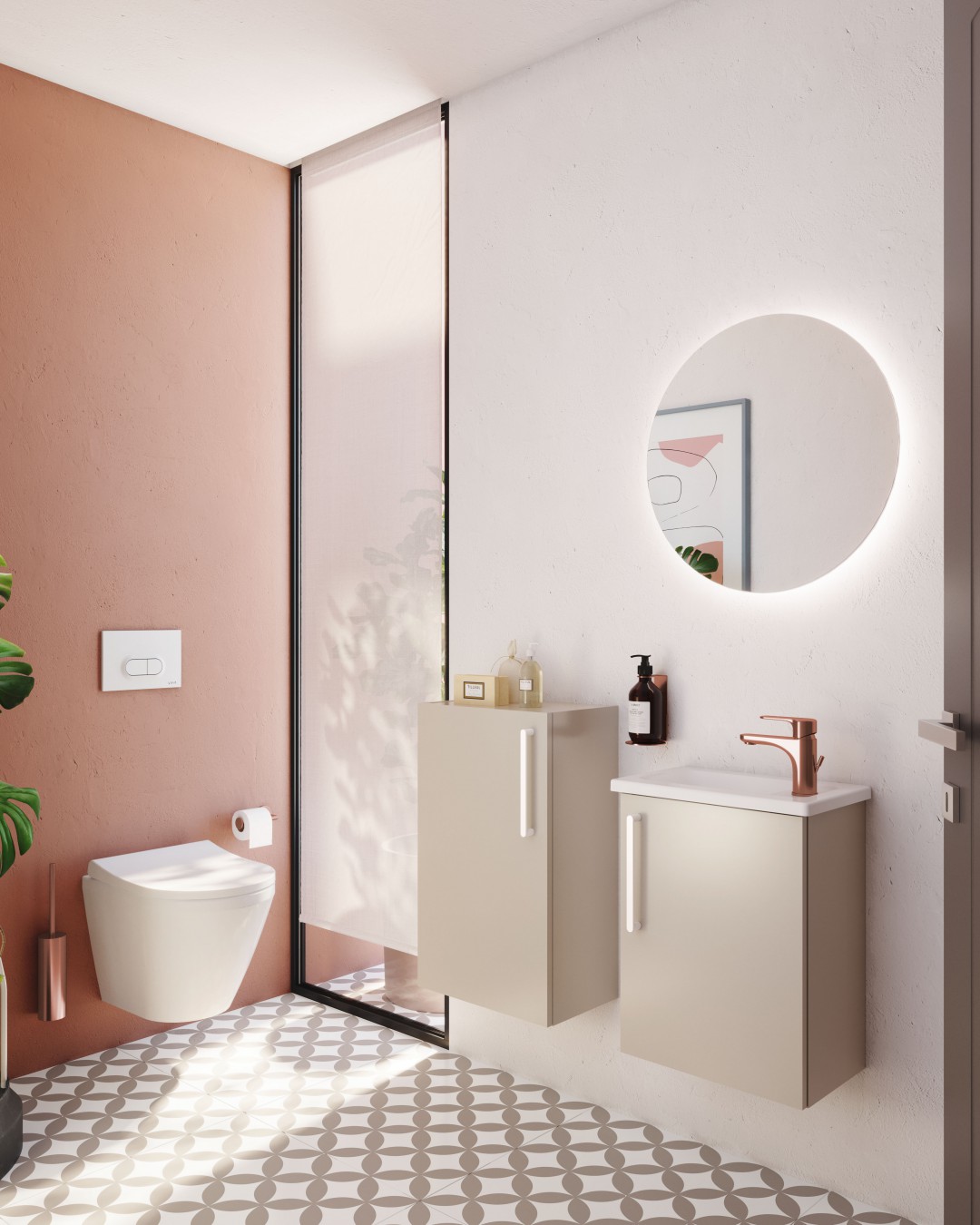 VitrA Root Flat bathrooms with a sophisticated yet minimalist design. Copper taps to compliment a white washbasin and toilet
